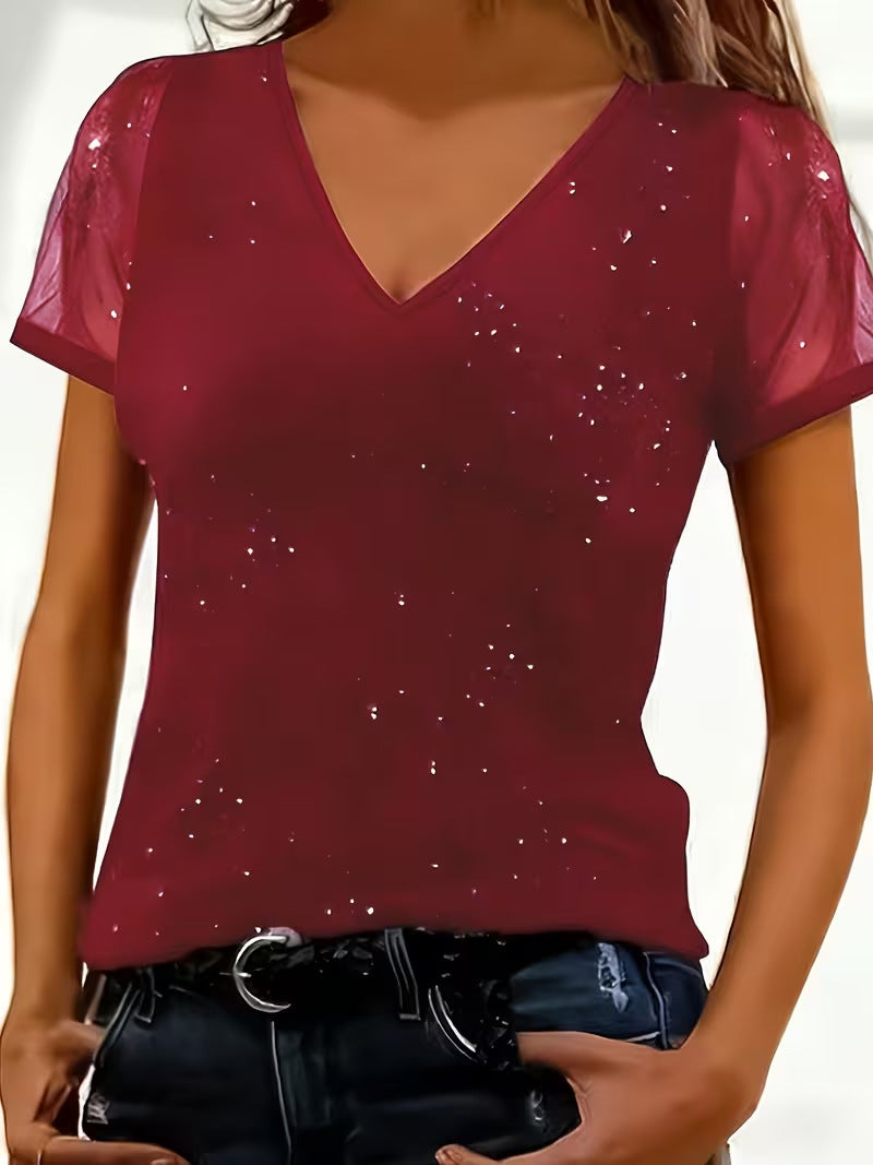 Short Sleeved Loose V-neck Fashionable Casual T-shirt