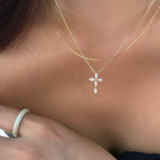 S925 Sterling Silver 14K Gold-Plated Cross Necklace With Diamonds