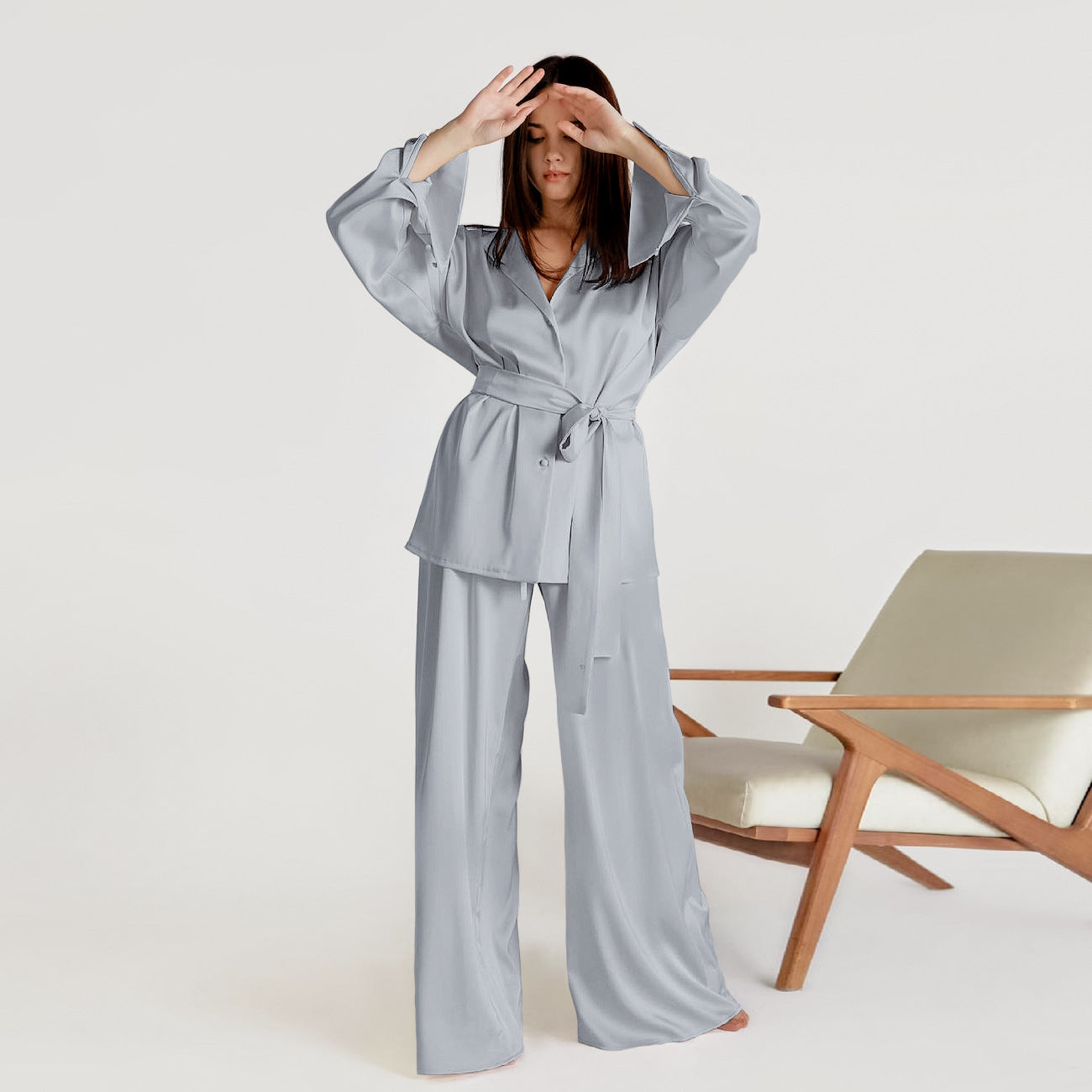 Womens Summer Loungewear Set Relaxed Comfortable Rayon-Look Pants And Robe For Casual Home Wear